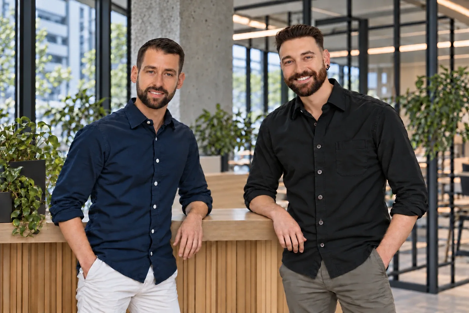 Das Team von Swissites in einem hellen Büro mit Pflanzen, an einen Holztisch gelehnt